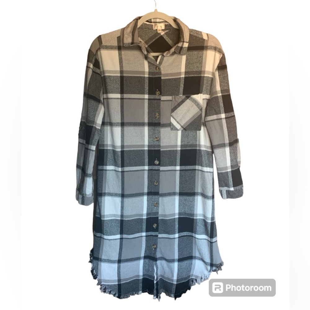 Plaid flannel dress with fringe frayed bottom black gray white size XS bonfire